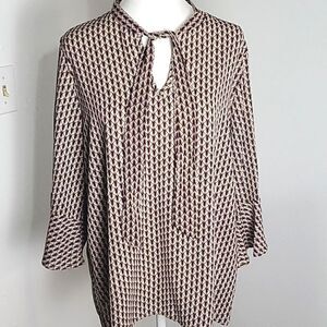 Les Ami Blouse, Bell Sleeves, V-neck w/Tie, Brown, Pink, White Print, Size Large